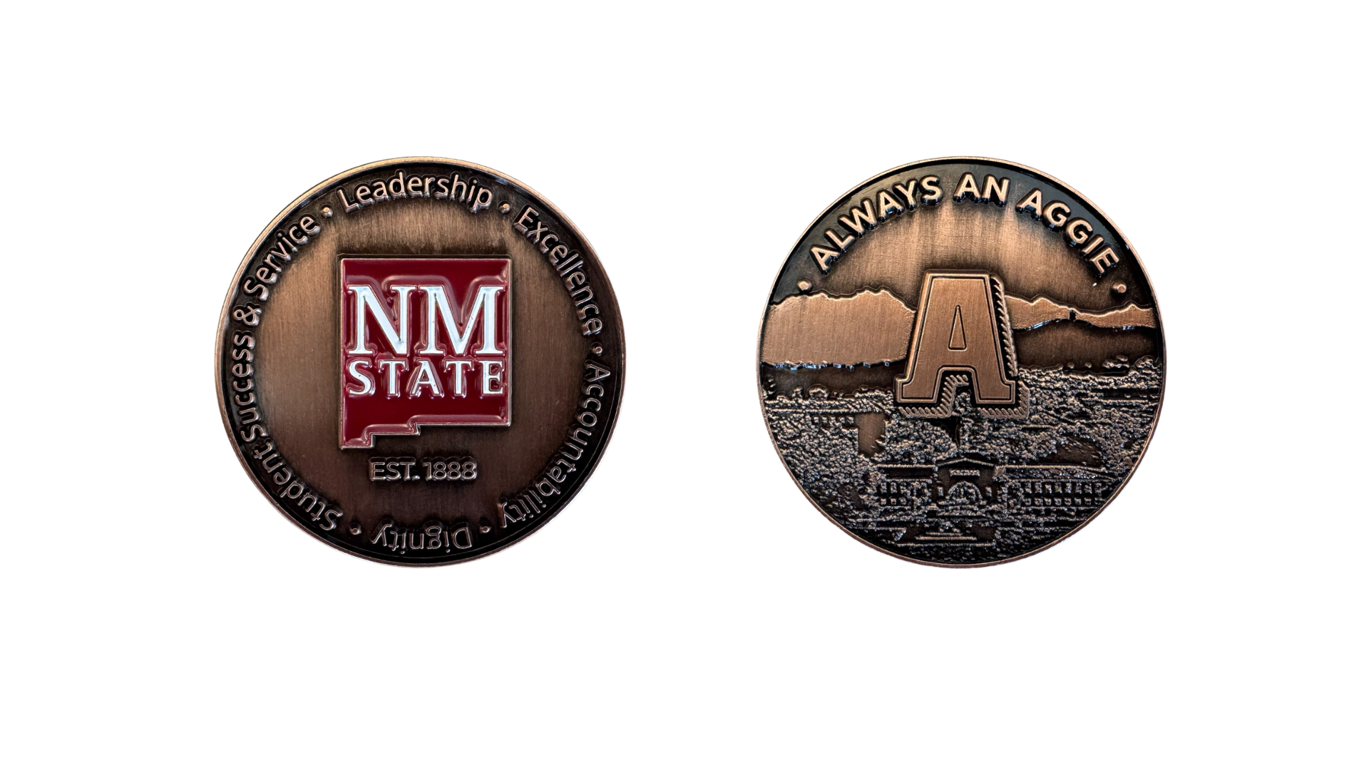 Front and back view of NMSU's core value coin. The Coin is bronze palted